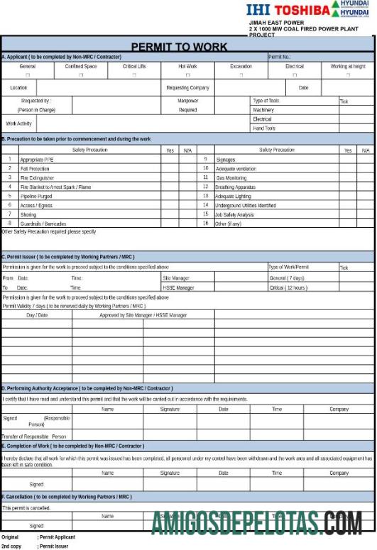 Permissão de Trabalho Ihi Toshiba amostra
